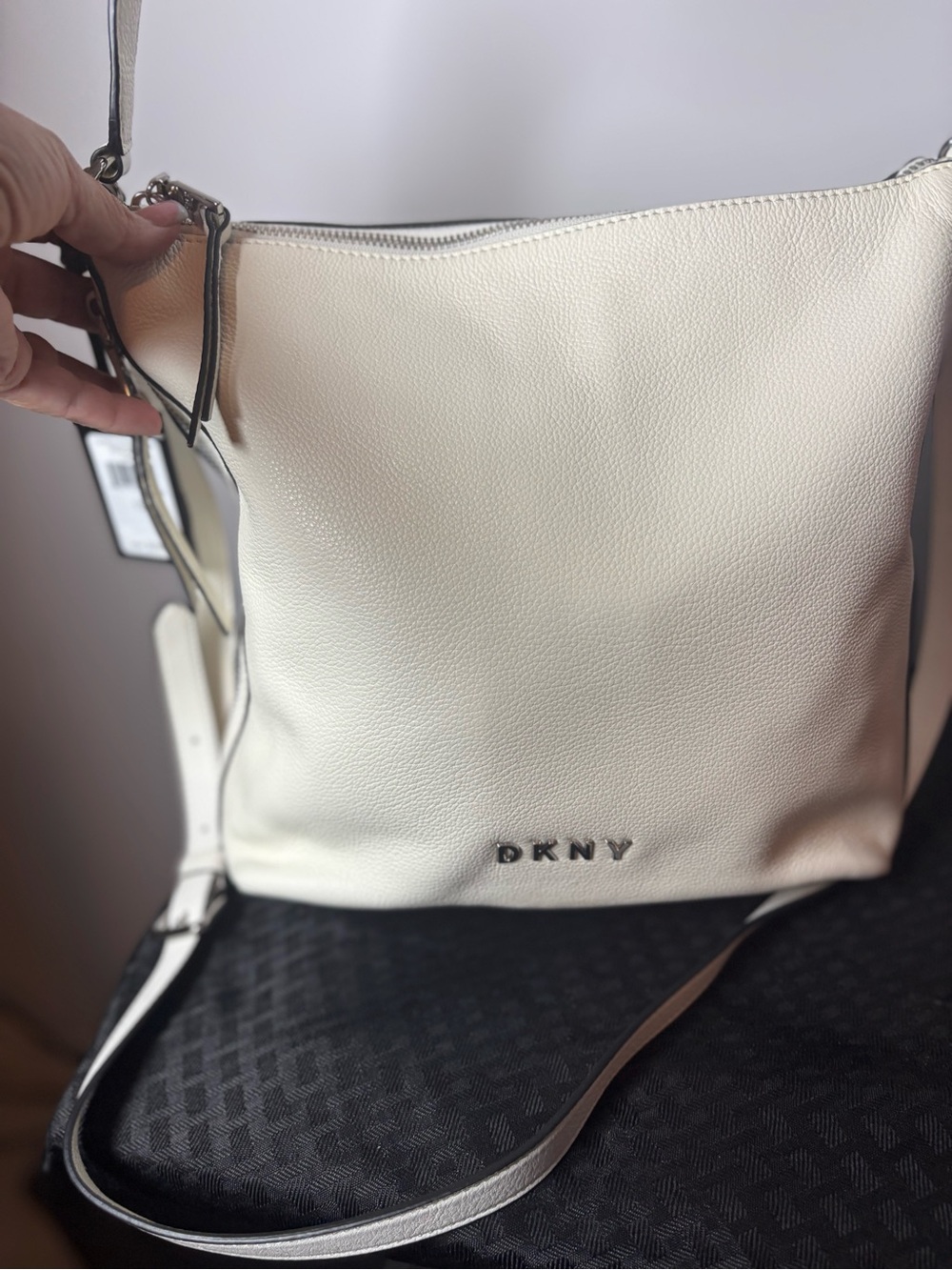 DKNY Cream Pebbled Leather Crossbody with Silver Hardware